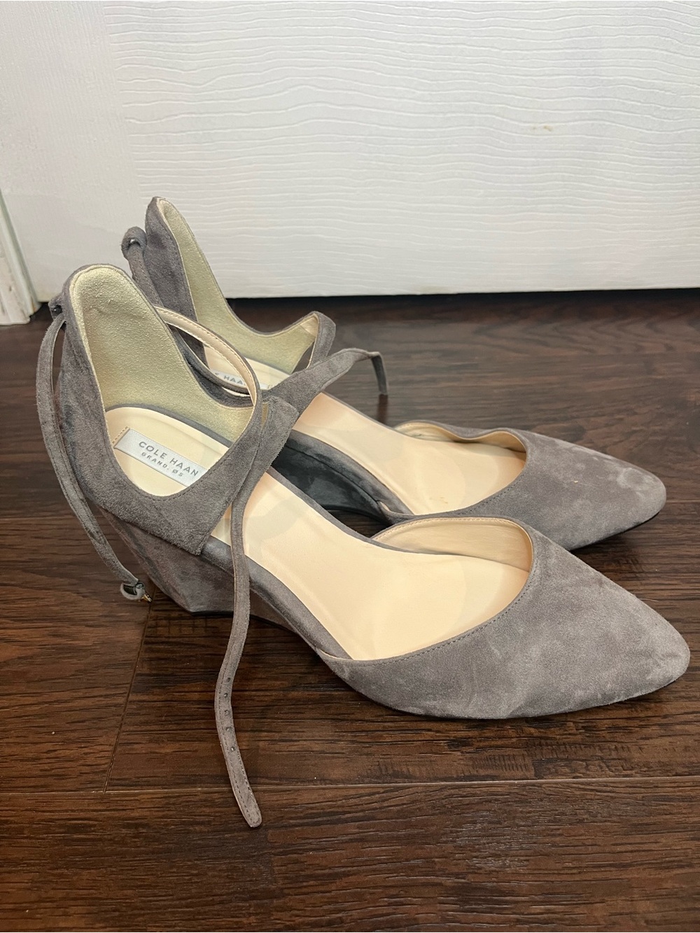 Cole Haan Gray Suede Pointed-Toe Ankle-Tie Heels